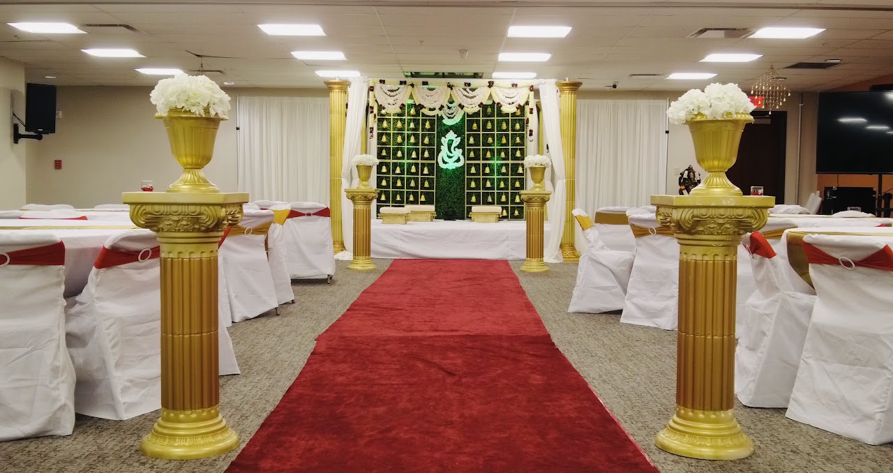 Decorated event hall with red carpet